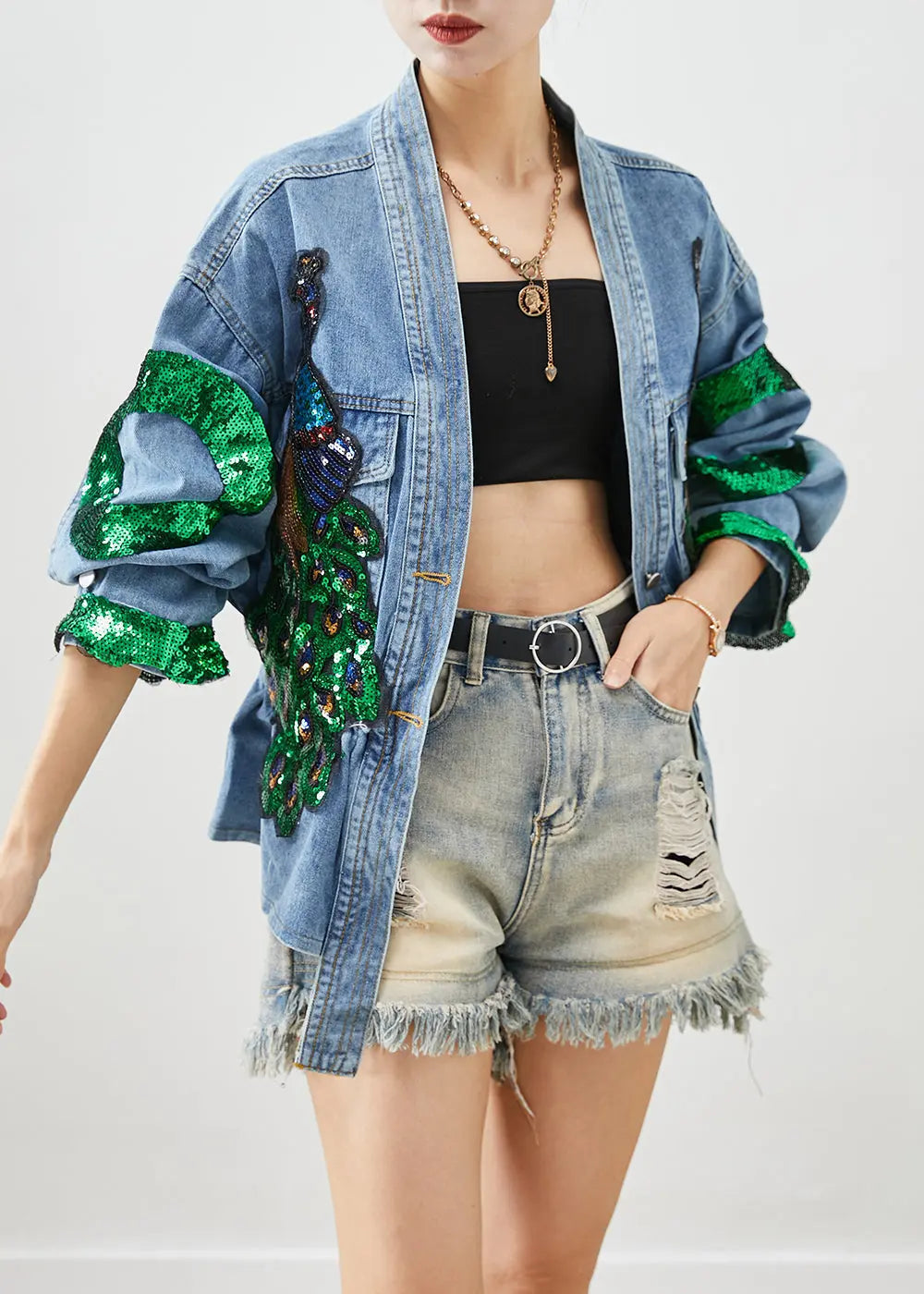 Bohemian Blue Peacock Sequins Elastic Waist Denim Coats Fall Ada Fashion