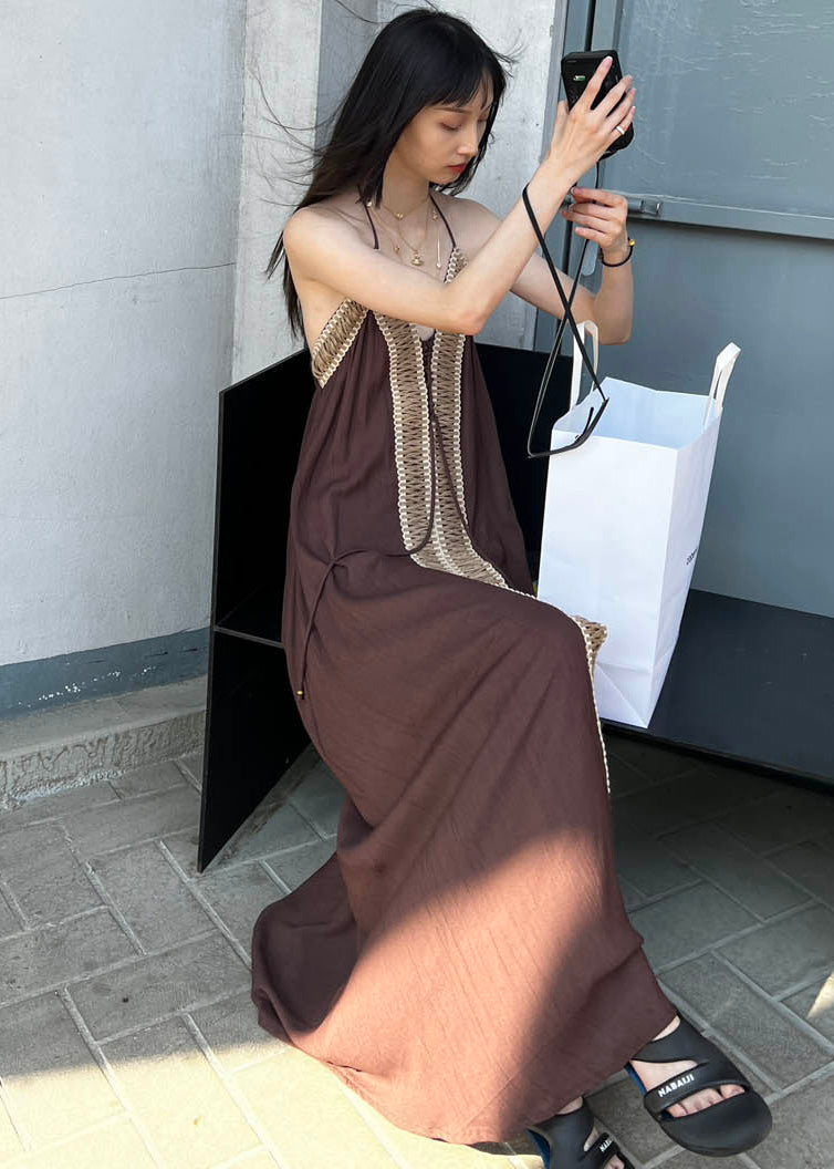 Bohemian Brown Backless Patchwork Cotton Spaghetti Strap Dress Summer Ada Fashion