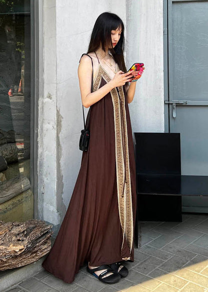 Bohemian Brown Backless Patchwork Cotton Spaghetti Strap Dress Summer Ada Fashion