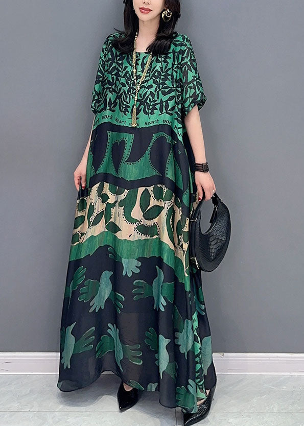 Bohemian Green O Neck Pockets Print Patchwork Silk Long Dresses Summer Ada Fashion