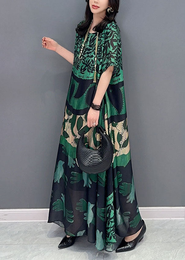 Bohemian Green O Neck Pockets Print Patchwork Silk Long Dresses Summer Ada Fashion