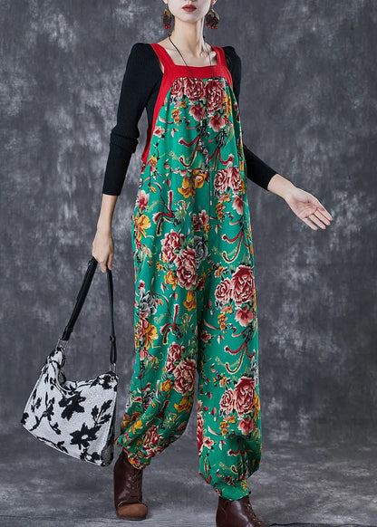 Bohemian Green Oversized Print Cotton Overalls Jumpsuit Fall Ada Fashion