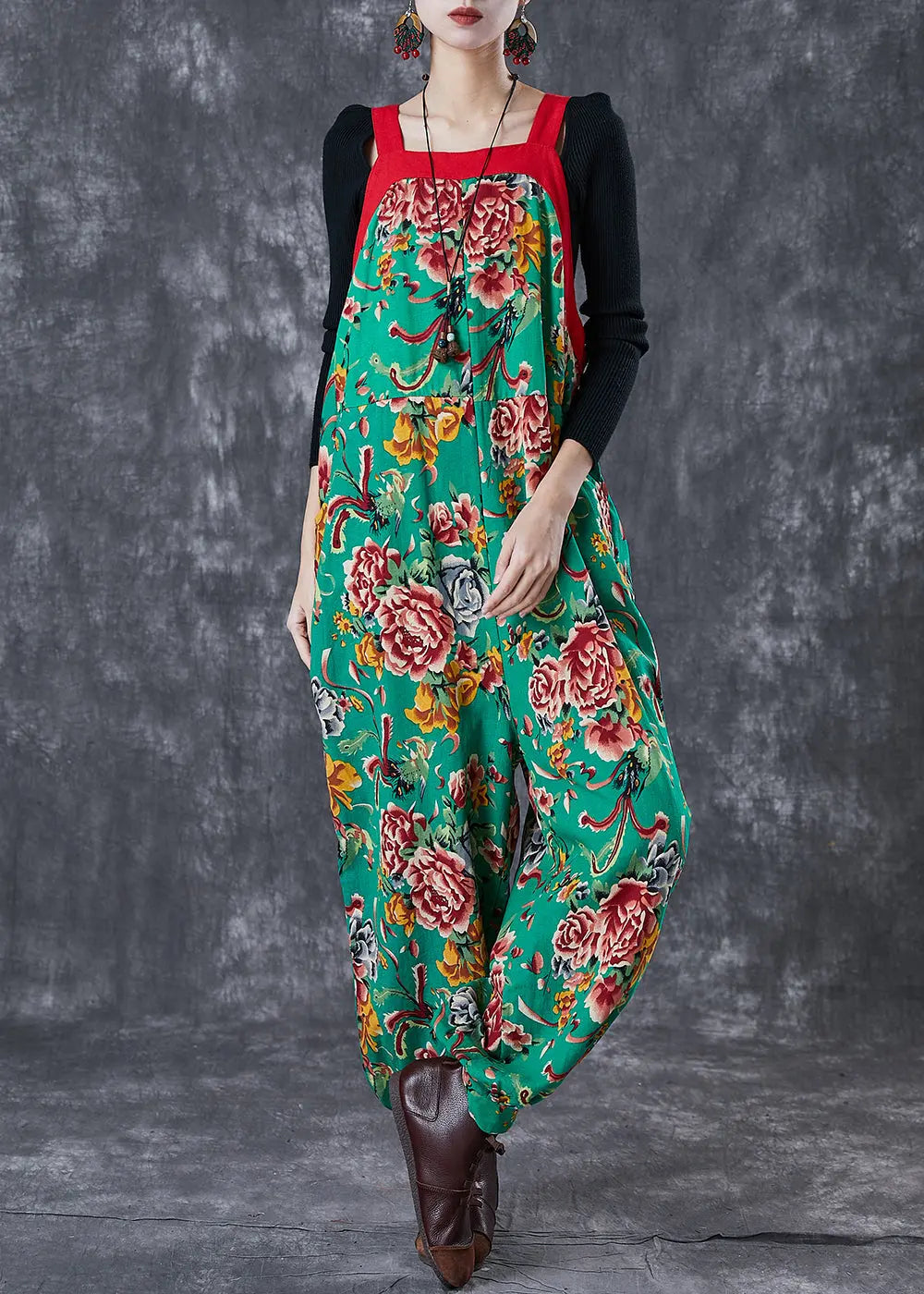 Bohemian Green Oversized Print Cotton Overalls Jumpsuit Fall Ada Fashion