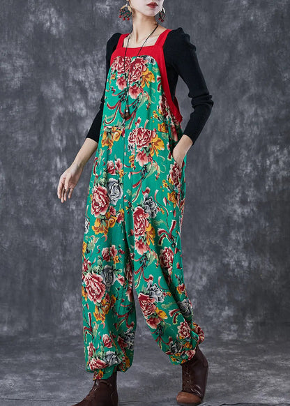 Bohemian Green Oversized Print Cotton Overalls Jumpsuit Fall Ada Fashion