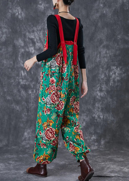 Bohemian Green Oversized Print Cotton Overalls Jumpsuit Fall Ada Fashion