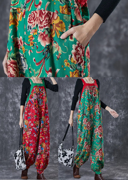 Bohemian Green Oversized Print Cotton Overalls Jumpsuit Fall Ada Fashion