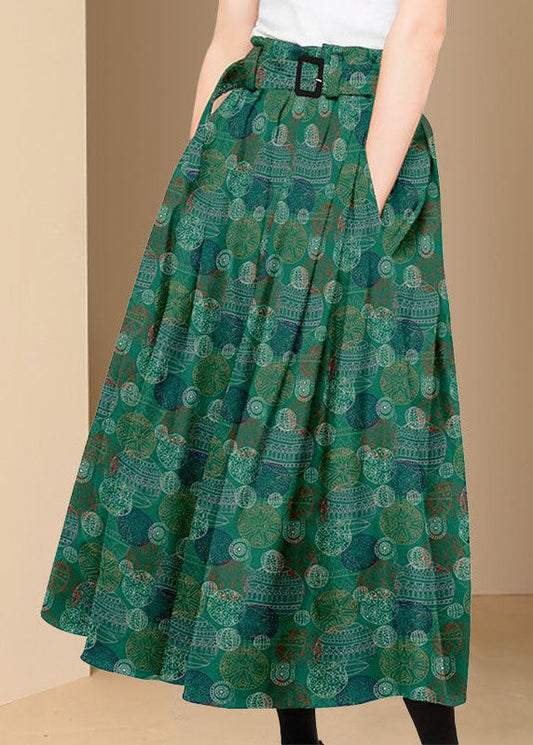 Bohemian Green Wrinkled Pockets Print Patchwork Silk Skirts Summer LY4590