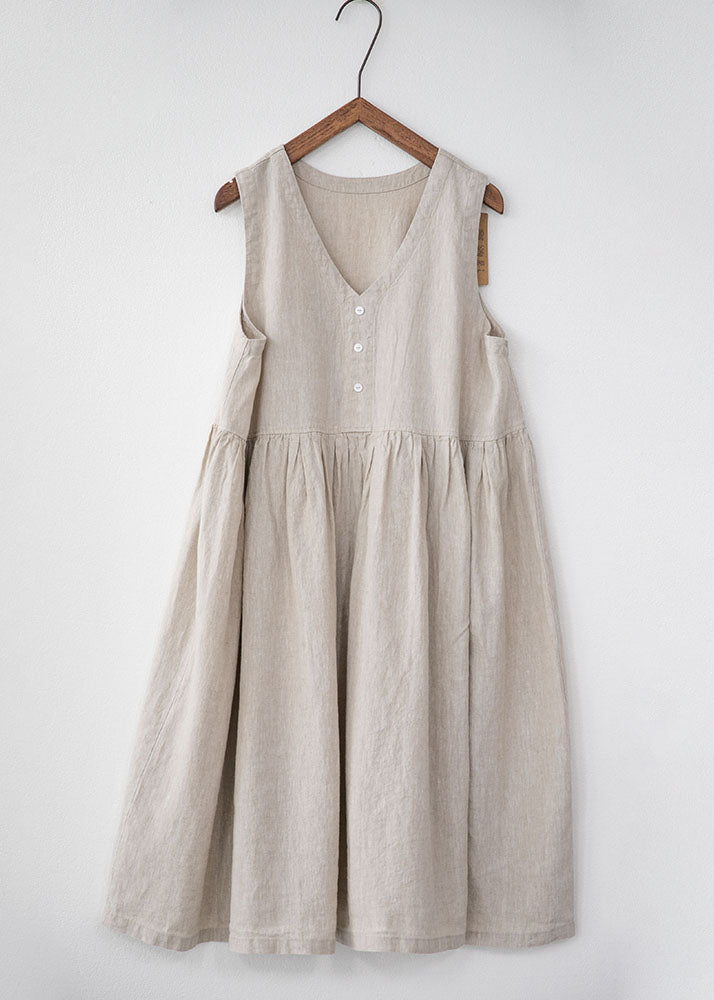 Bohemian Grey V Neck Wrinkled Patchwork Linen Dresses Summer Ada Fashion