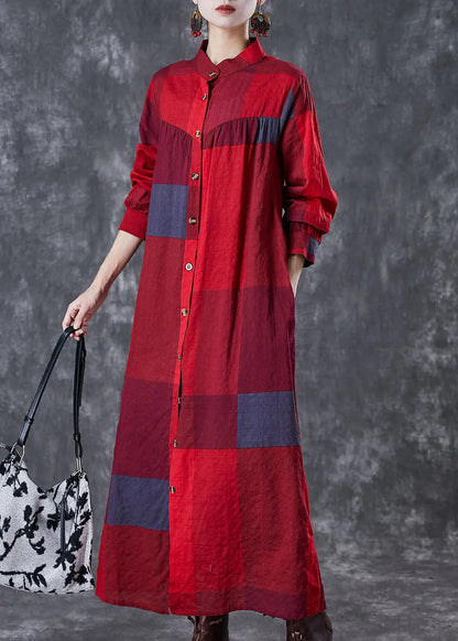 Bohemian Red Stand Collar Print Linen Long Dresses Fall Ada Fashion