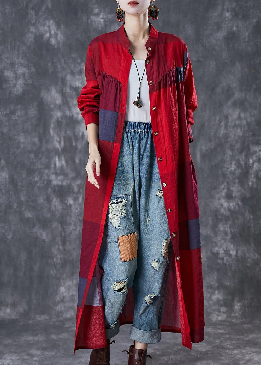 Bohemian Red Stand Collar Print Linen Long Dresses Fall Ada Fashion