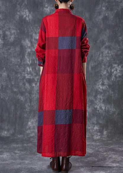 Bohemian Red Stand Collar Print Linen Long Dresses Fall Ada Fashion