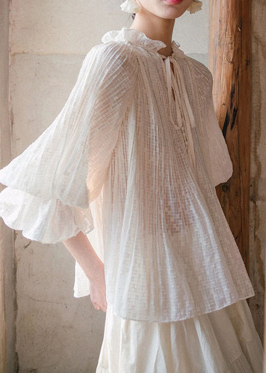 Bohemian White Ruffled Lace Up Cotton Blouses Lantern Sleeve Ada Fashion
