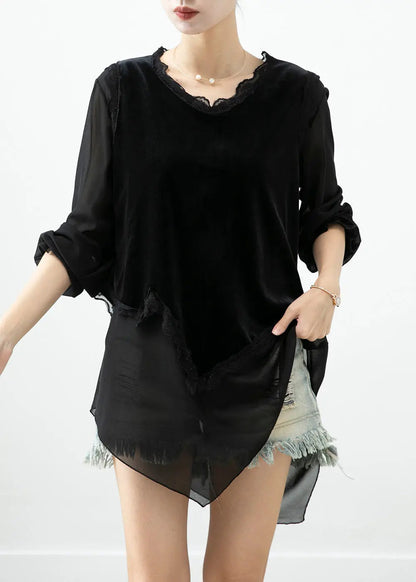 Boho Black Asymmetrical Patchwork Silk Velour Blouse Tops Fall Ada Fashion