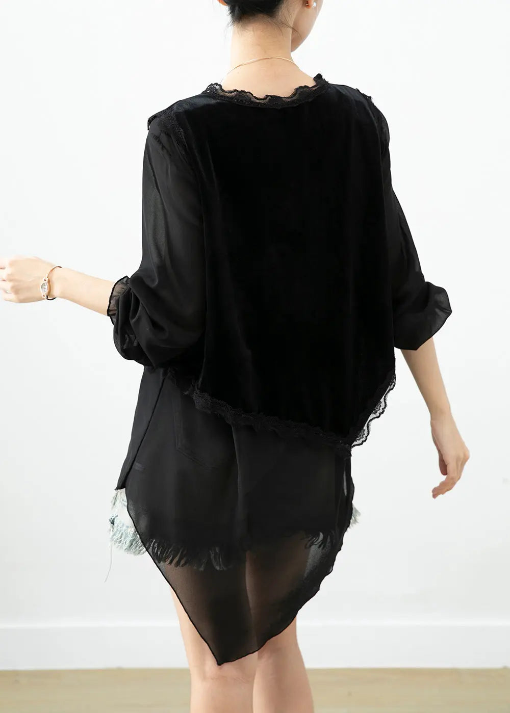 Boho Black Asymmetrical Patchwork Silk Velour Blouse Tops Fall Ada Fashion