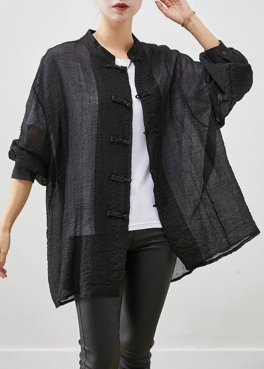 Boho Black Chinese Button Wrinkled Linen Shirt Top Fall Ada Fashion