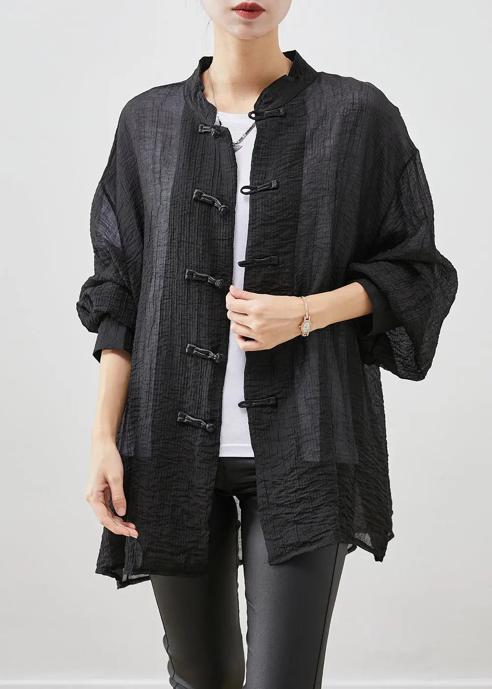 Boho Black Chinese Button Wrinkled Linen Shirt Top Fall Ada Fashion