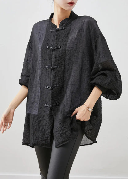 Boho Black Chinese Button Wrinkled Linen Shirt Top Fall Ada Fashion