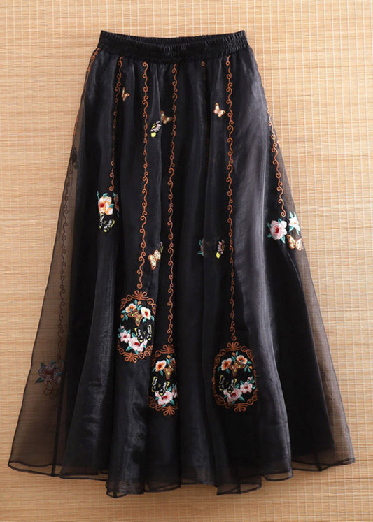 Boho Black Elastic Waist Embroideried Tulle Maxi Skirts Summer LY4427
