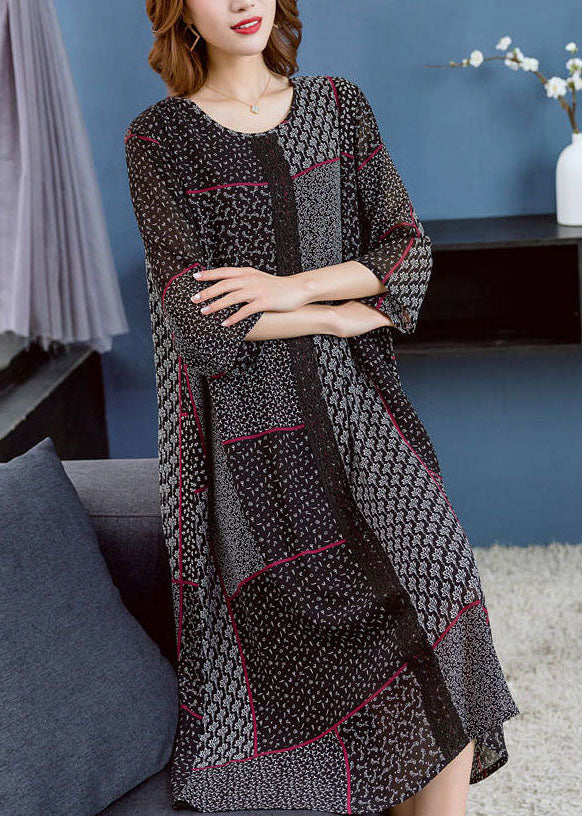 Boho Black O Neck Asymmetrical Design Patchwork Chiffon Dresses Summer Ada Fashion