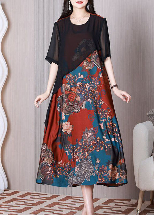 Boho Black O-Neck Patchwork Silk Fake Two Piece Long Dress Summer LY3765