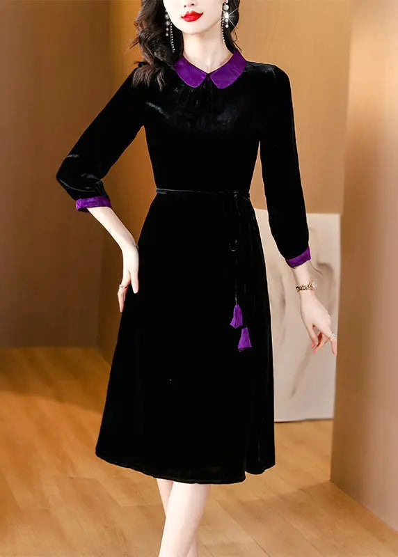 Boho Black Peter Pan Collar Patchwork Silk Velour Maxi Dresses Long Sleeve Ada Fashion