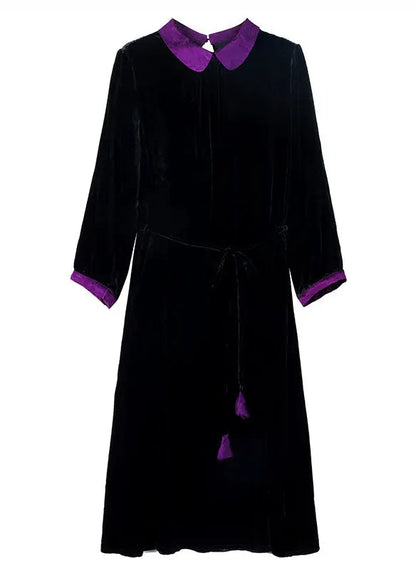 Boho Black Peter Pan Collar Patchwork Silk Velour Maxi Dresses Long Sleeve Ada Fashion