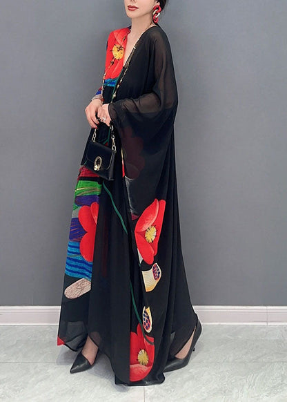 Boho Black V Neck Print Patchwork Chiffon Maxi Dress Summer Ada Fashion