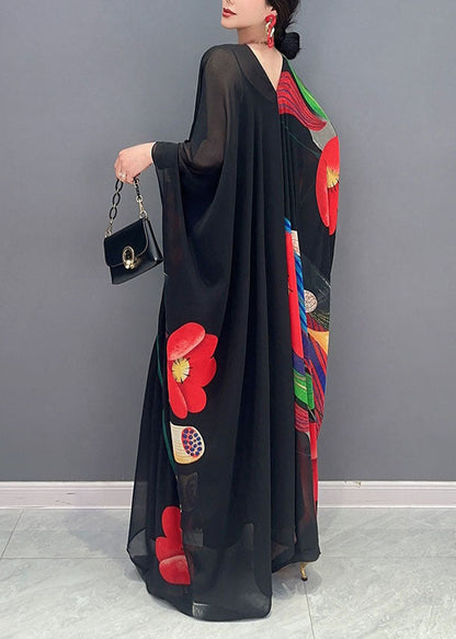 Boho Black V Neck Print Patchwork Chiffon Maxi Dress Summer Ada Fashion