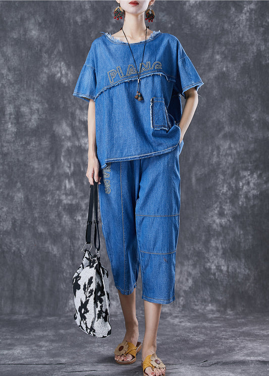 Boho Blue Letter Embroideried Patchwork Denim Two Pieces Set Summer LY6696
