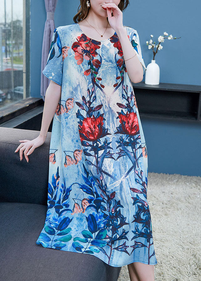 Boho Blue O Neck Print Patchwork Chiffon Dresses Summer Ada Fashion