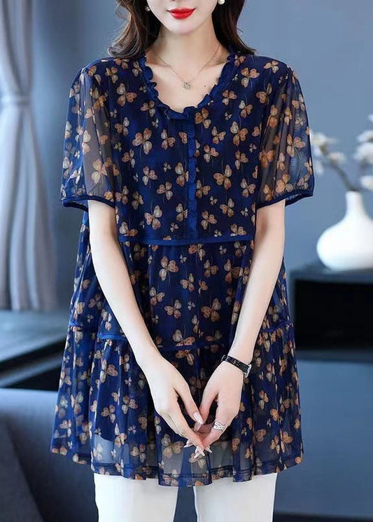 Boho Blue Ruffled Print Patchwork Linen Blouse Tops Summer LY6962 Ada Fashion