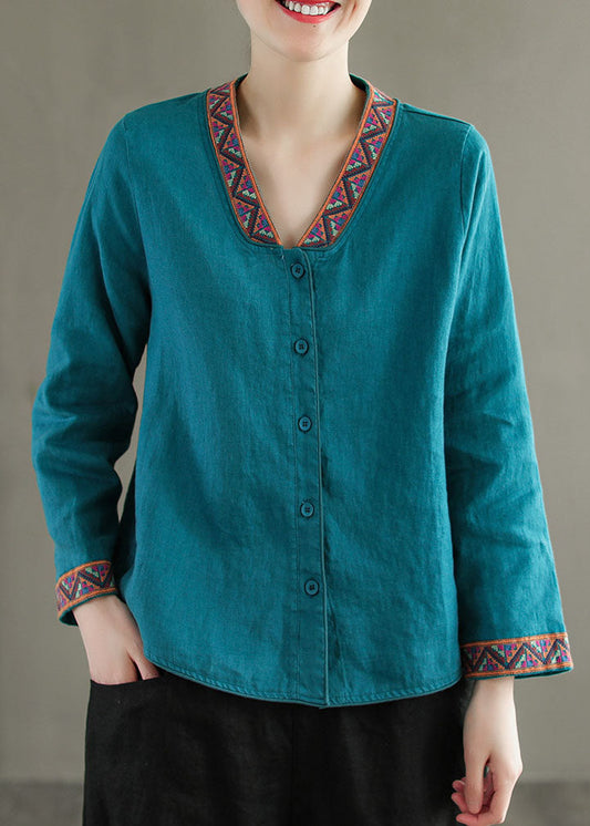 Boho Blue V Neck Embroideried Patchwork Linen Shirts Top Spring LY6263