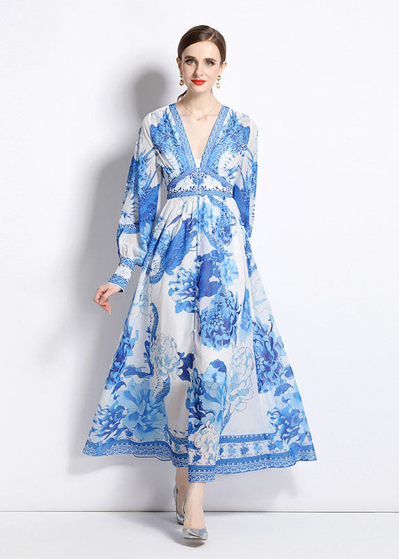 Boho Blue V Neck Print Patchwork Chiffon Vacation Dresses Long Sleeve LY7405