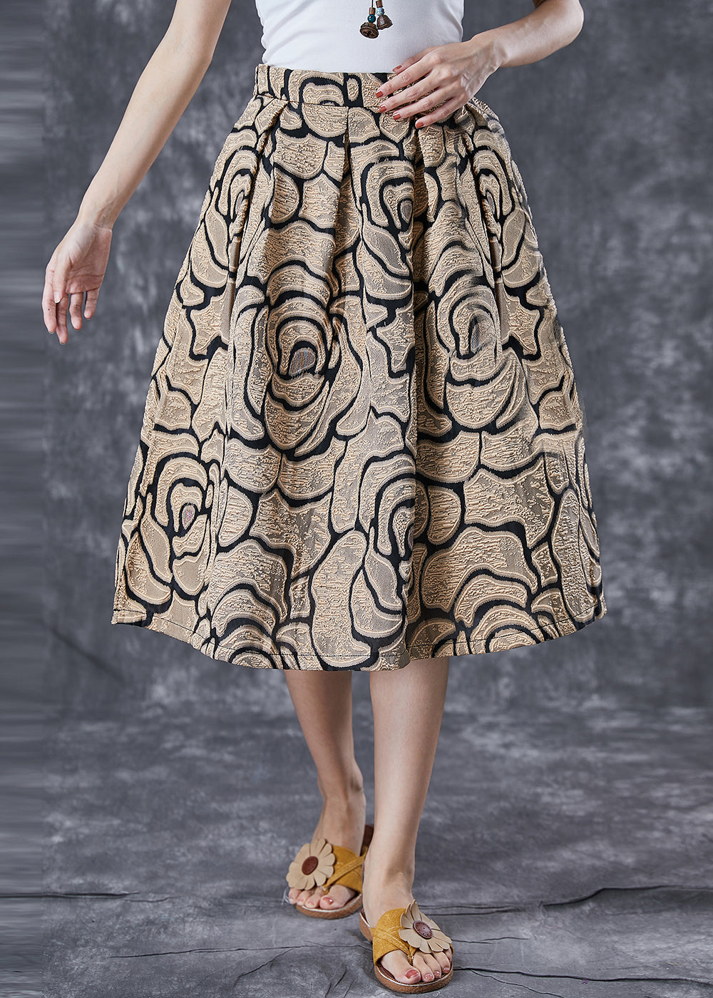 Boho Golden High Waist Jacquard A Line Skirts Summer Ada Fashion