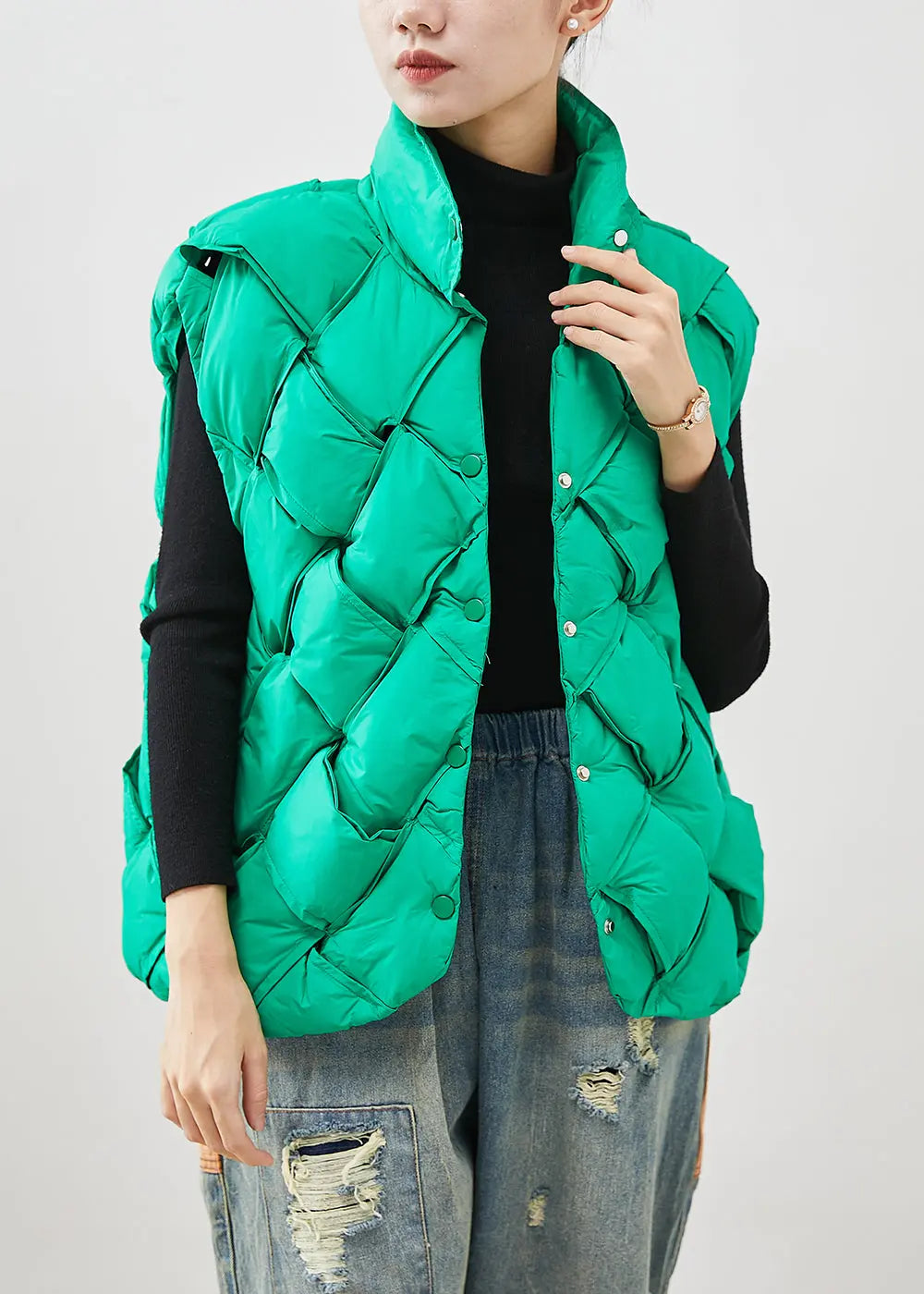 Boho Grass Green Plaid Duck Down Down Vest Winter Ada Fashion