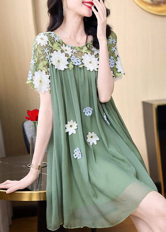 Boho Green O-Neck Embroideried Patchwork Tulle Mid Dresses Short Sleeve LY4470