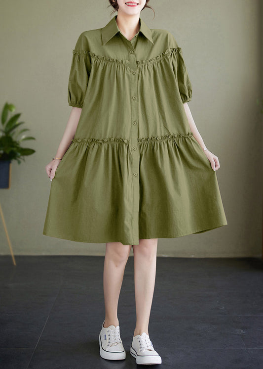 Boho Green Ruffled Patchwork Wrinkled Solid Cotton Mid Dress Summer LY2970
