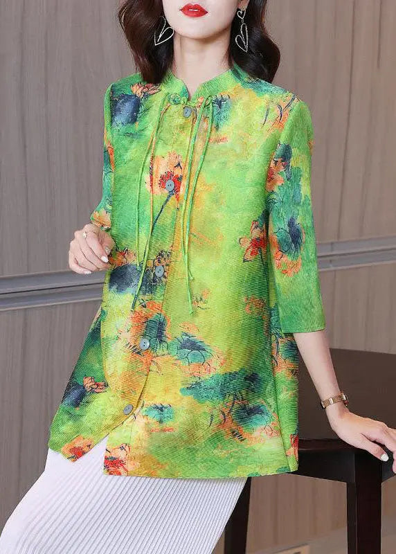 Boho Green Stand Collar Print Tassel Shirt Bracelet Sleeve Ada Fashion