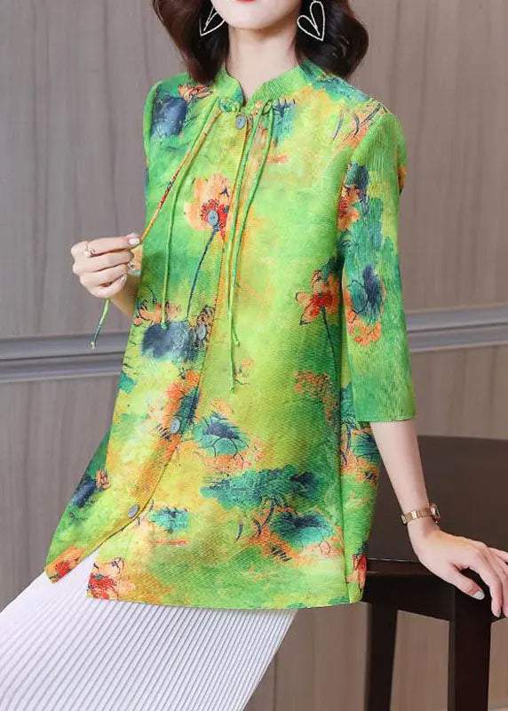 Boho Green Stand Collar Print Tassel Shirt Bracelet Sleeve Ada Fashion