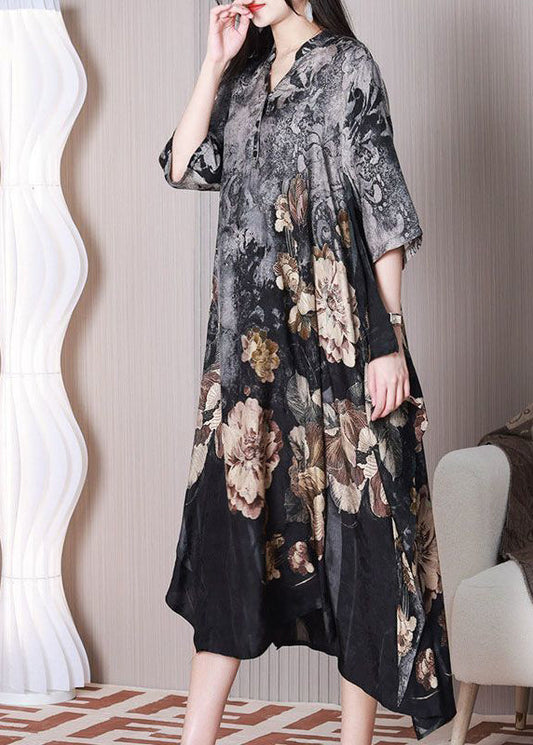 Boho Grey Asymmetrical Design Print Silk Dresses Half Sleeve LY3771