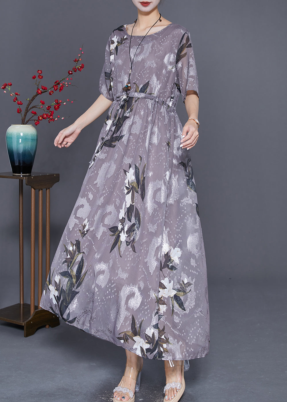 Boho Grey Cinched Print Chiffon Long Dresses Summer LY7663