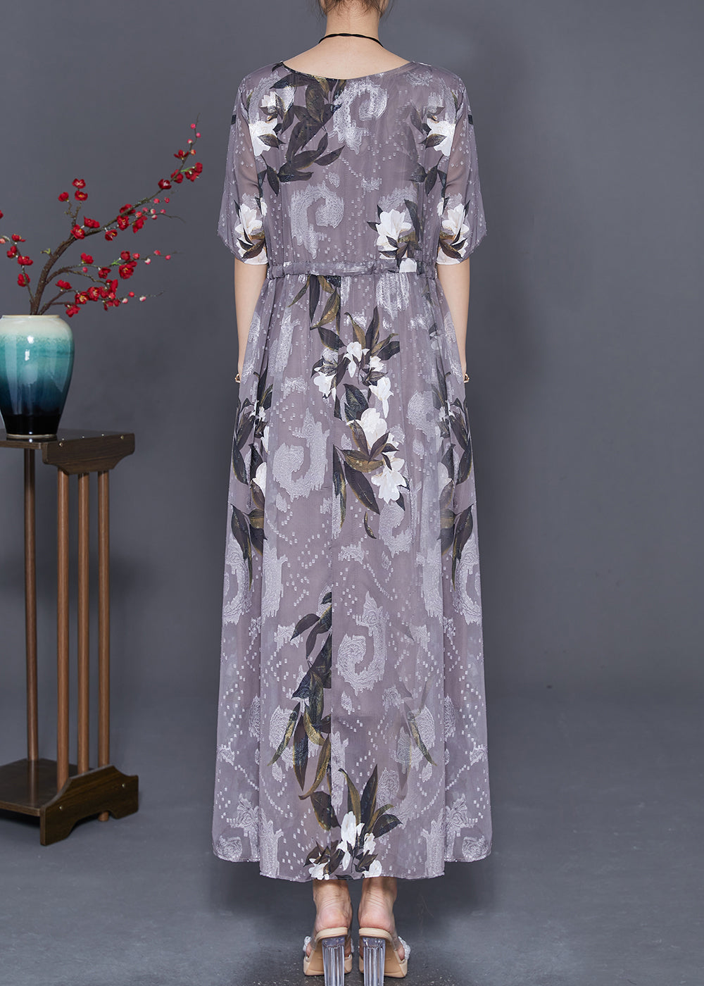 Boho Grey Cinched Print Chiffon Long Dresses Summer LY7663