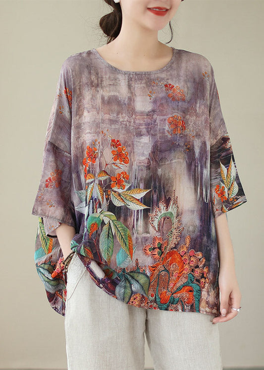 Boho Light Purple O-Neck Print Linen Top Long Sleeve LY2952