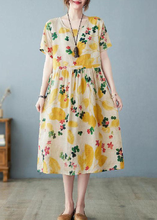 Boho Light Yellow O Neck Pockets Print Patchwork Cotton Dress Summer LY4041