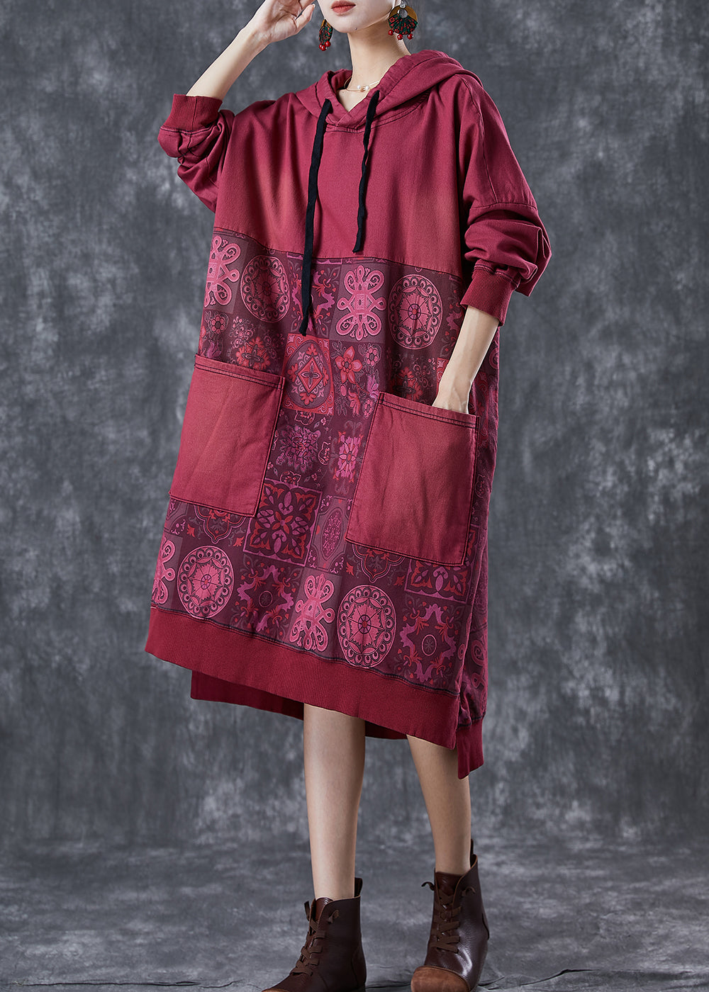 Boho Mulberry Hooded Patchwork Pockets Cotton Sweatshirt Dress Fall Ada Fashion