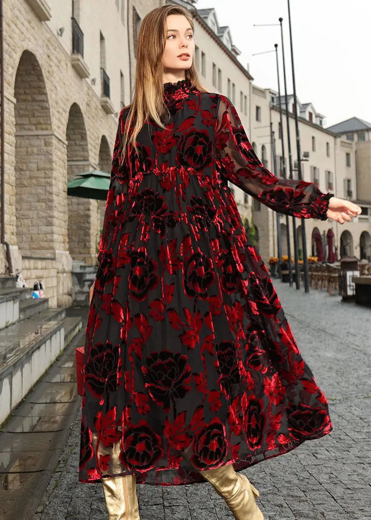 Boho Mulberry Ruffled Patchwork Silk Velour Vacation Long Dresses Fall Ada Fashion