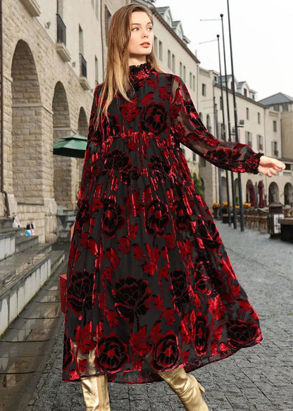 Boho Mulberry Ruffled Patchwork Silk Velour Vacation Long Dresses Fall Ada Fashion