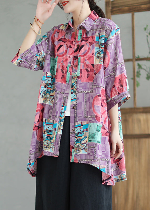 Boho Purple Print Low High Design Linen Long Shirts Summer Ada Fashion