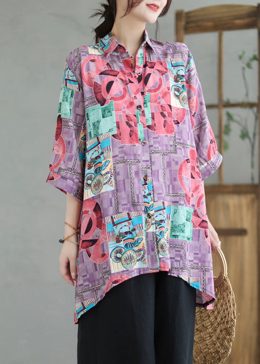 Boho Purple Print Low High Design Linen Long Shirts Summer Ada Fashion