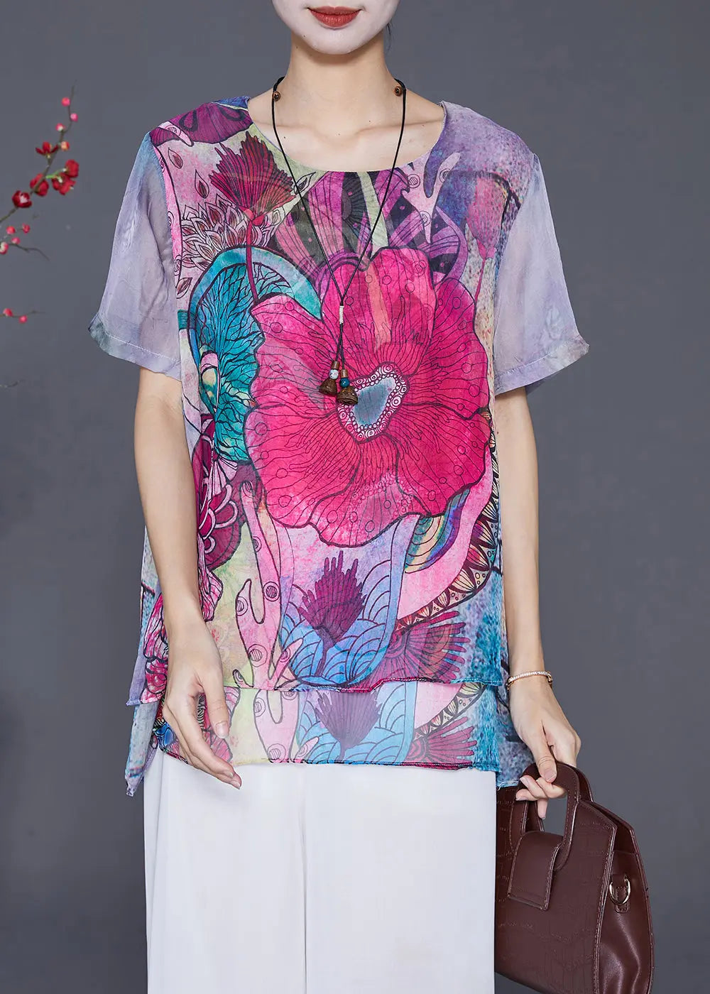 Boho Purple Print Patchwork Chiffon Top Summer Ada Fashion
